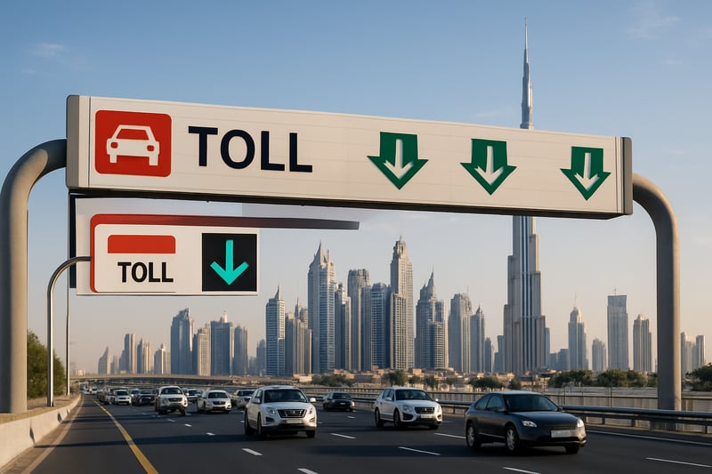 Dubai toll road with city skyline in the background Dubai toll road with city skyline in the background