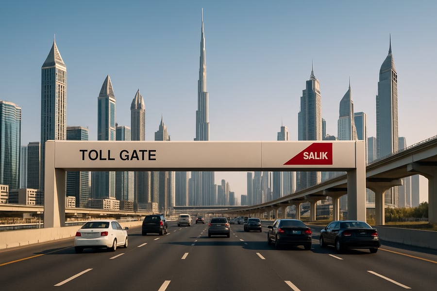 Dubai toll road with city skyline Dubai toll road with city skyline