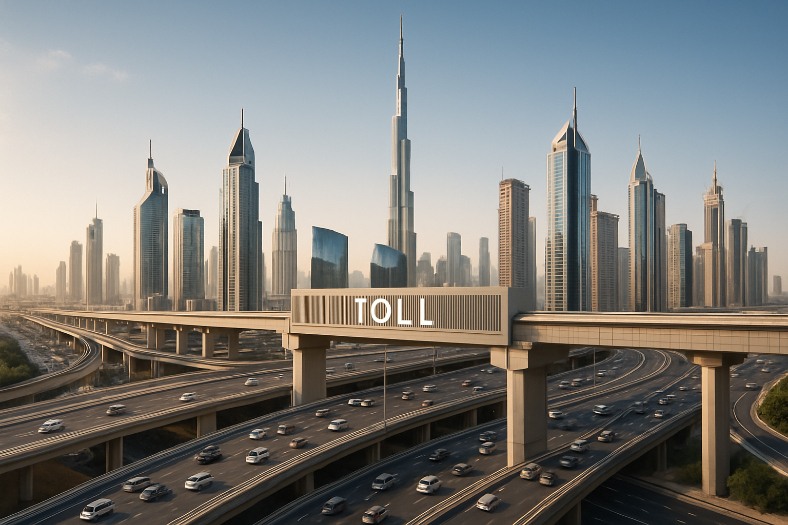 Dubai skyline with integrated toll infrastructure supporting urban growth
